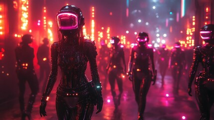 Canvas Print - Futuristic figures walk neon-lit city streets.