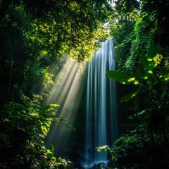 Aufkleber - Lush tropical waterfall cascading through dense greenery with sunlight filtering through the trees in a serene environment. Generative AI