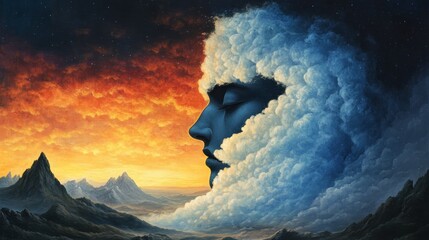 Wall Mural - A serene portrait of a dreaming face, formed by clouds against a fiery sunset and majestic mountains.