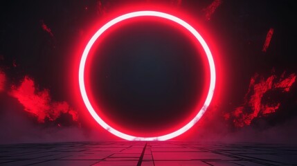 Sticker - Glowing red neon circle in a dark, smoky setting. Futuristic, abstract background.