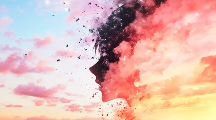 Canvas Print - A dreamy, surreal portrait of a young person dissolving into a vibrant sunset sky. Warm colors and soft light evoke a sense of peace and transformation.