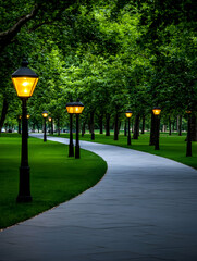 Wall Mural - Park lights illuminate a curved pathway amid lush trees at dusk, perfect for nature backgrounds