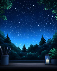 Wall Mural - Peaceful night view from wooden table, forest, candle glow, starry sky above. For relaxation, meditation