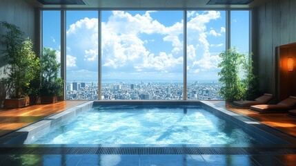 Wall Mural - Urban rooftop pool, serene city view, tranquil escape.