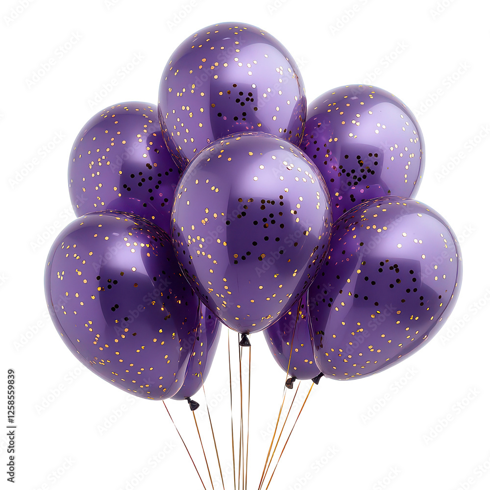purple balloons with golden glitter confetti isolated on transparent ...