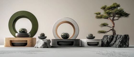 Canvas Print - Modern Minimalist Stone Sculptures and Bonsai Tree Arrangement