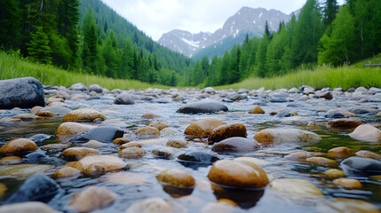 Wall Mural - River flows through the mountain valley. Calm waters and stones make a peaceful view for nature and travel