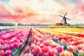 Poster - Vibrant tulip fields with windmill under a colorful spring sky. Generative AI