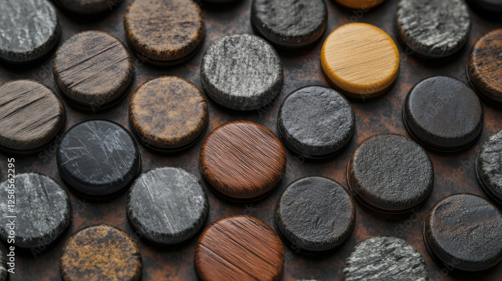 Marble Button Vector Round buttons with wooden, metal, rock and black marble textures for ui ...