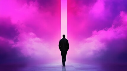 Wall Mural - silhouette of a man walking towards a bright, otherworldly portal. mysterious and hopeful.