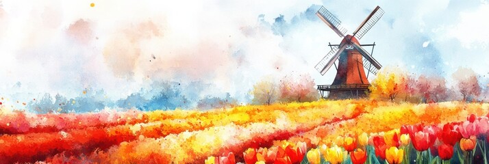 Poster - Vibrant watercolor illustration of tulip fields with windmill in a picturesque spring landscape. Generative AI
