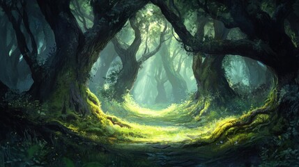 Poster - Enchanted Forest Path: A Digital Painting of a Mystical Woodland