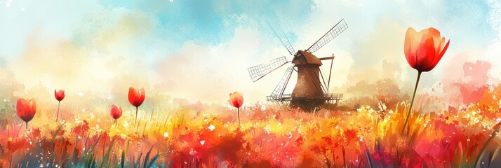 Poster - Vibrant tulip fields and windmill illustrate a beautiful spring day with colorful blossoms and inviting skies. Generative AI
