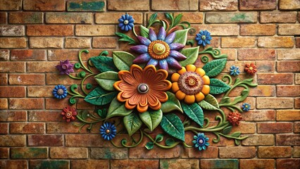 Wall Mural - Whimsical Floral Arrangements on Rustic Brown Brick Wall - Stock Photo