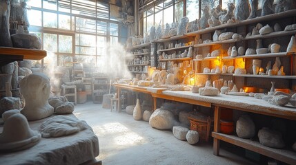 Wall Mural - Sunlit stone carving studio, dust motes dance.