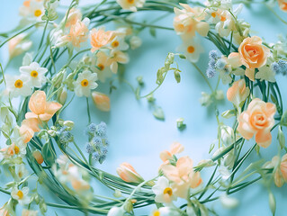 Sticker - Floral Circle on Blue: A delicate floral circle composed of white and peach roses and other spring blooms, arranged on a pastel blue background, creates a serene and charming composition.