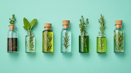 Wall Mural - Herbal Essential Oils in Glass Bottles on Teal Background AI Generated