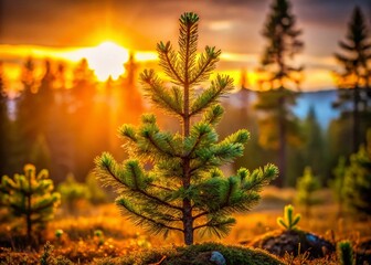 Wall Mural - Young Pine Tree Silhouette at Sunset, Bokeh Forest Background - Stock Photo