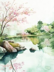 Leinwandbilder - Tranquil spring landscape featuring cherry blossoms and serene water reflections near a peaceful park setting. Generative AI