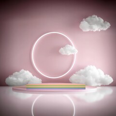 Wall Mural - Pastel Rainbow Platform with Neon Circle and Clouds