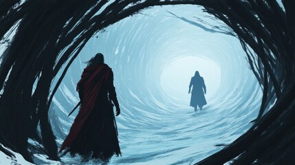 Wall Mural - two figures in long cloaks walk towards a bright light at the end of a spiraling tunnel.