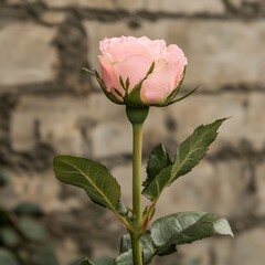 Canvas Print - Pink Rose Against a Grey Stone Wall