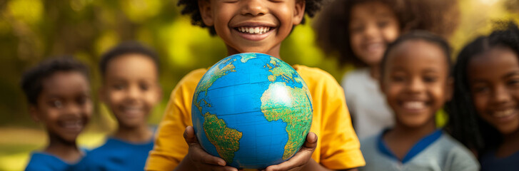 happy children holding a planet earth globe outdoors