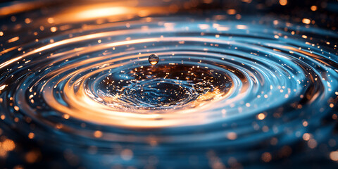 Poster - Water Drop Ripple: A mesmerizing close-up of a water droplet creating concentric ripples, shimmering with golden and blue light, a captivating study in fluidity and light. 