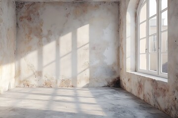 Wall Mural - Abandoned room with sunlit walls and shadows, showcasing peeling paint and empty space