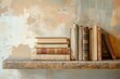 © Anat art - Rustic wooden shelf displaying a stack of vintage books with space for custom text and a textured wall background. Generative AI