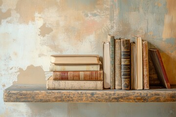 Aufkleber - Rustic wooden shelf displaying a stack of vintage books with space for custom text and a textured wall background. Generative AI