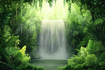 Aufkleber - Majestic waterfall cascading through lush rainforest greenery in bright daylight. Generative AI