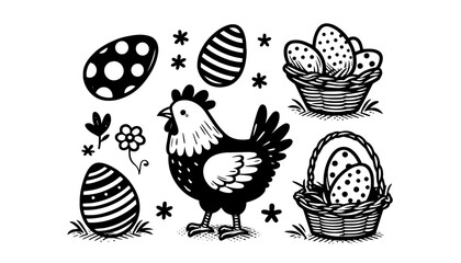 Wall Mural - Simple line art of a hen with decorated eggs, rustic holiday theme