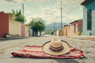 Wall Mural - Cinco de mayo background, A Mexican sombrero and small houses in the background, a Mexican village scene