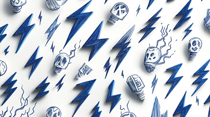 Wall Mural - Electric Skulls and Lightning Bolts Pattern: A seamless, modern pattern featuring a bold, graphic design with lightning bolts and stylized skulls in an electric blue hue.