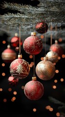 Wall Mural - Red and Gold Christmas Ornaments Hanging on a Dark Background