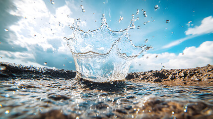 Poster - Water Splash with Clear Droplets against Blue Sky and Clouds