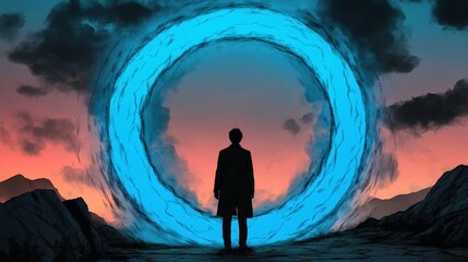 Wall Mural - silhouette of a man standing before a vibrant, swirling blue portal against a dramatic sunset backdr