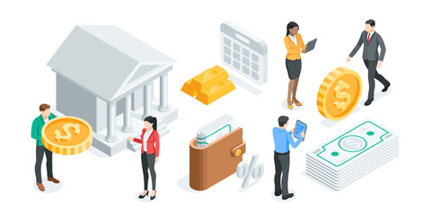 Wall Mural - isometric vector business concept with people and icons of money with bank and calendar, in color on white background, deposit and money or financial work