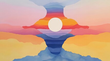 Poster - Vibrant sunset landscape painting. Warm colors and a serene atmosphere.