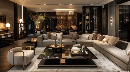 Wall Mural - Stylish contemporary living room featuring a sleek sofa, elegant coffee table, and tasteful lighting