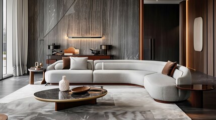 Wall Mural - Stylish contemporary living room featuring a sleek sofa, elegant coffee table, and tasteful lighting