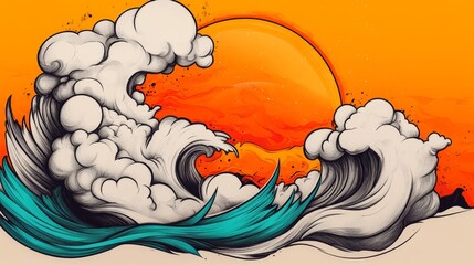 Sticker - Dynamic ocean wave art.  Whimsical style with teal and orange hues.