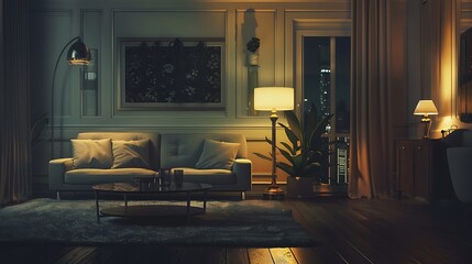 Wall Mural - Stylish contemporary living room featuring a sleek sofa, elegant coffee table, and tasteful lighting