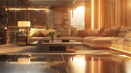 Wall Mural - Stylish contemporary living room featuring a sleek sofa, elegant coffee table, and tasteful lighting