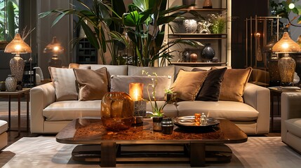 Wall Mural - Stylish contemporary living room featuring a sleek sofa, elegant coffee table, and tasteful lighting