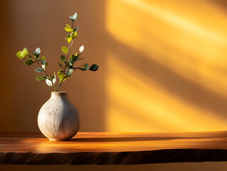 Sticker - Sunlight and Serenity: A simple yet elegant still life, showcasing a delicate sprig of leaves in a ceramic vase, bathed in warm sunlight streaming through a window.