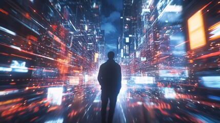 Canvas Print - Cyberpunk Cityscape: A Solitary Figure in a Futuristic Metropolis