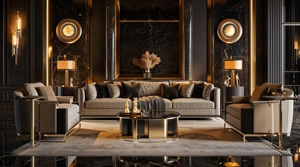 Wall Mural - Stylish contemporary living room featuring a sleek sofa, elegant coffee table, and tasteful lighting