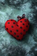 Resting on a green surface, a big red heart with black polka dots is surrounded by smaller red hearts, crafting a whimsical and romantic scene